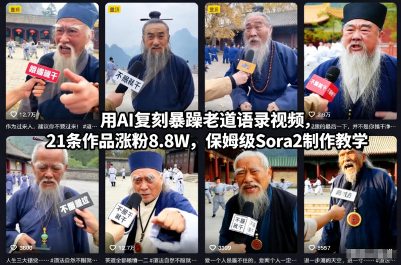 用AI复刻暴躁老道语录视频，21条作品涨粉8.8W，保姆级Sora2制作教学-创富资源云网创
