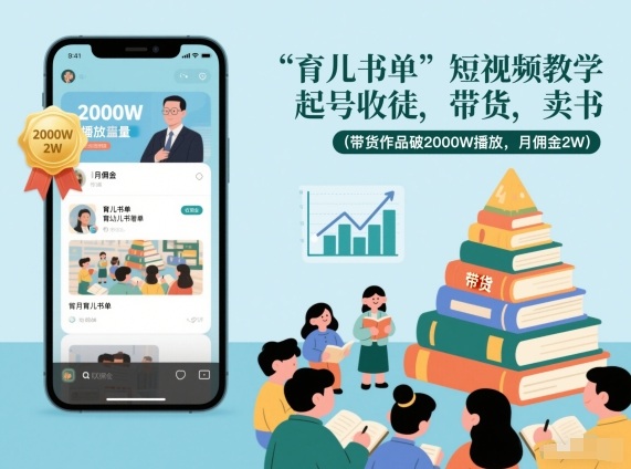 育儿书单短视频教学，起号收徒，带货，卖书(带货作品破2000W播放，月佣金2W)-创富资源云网创