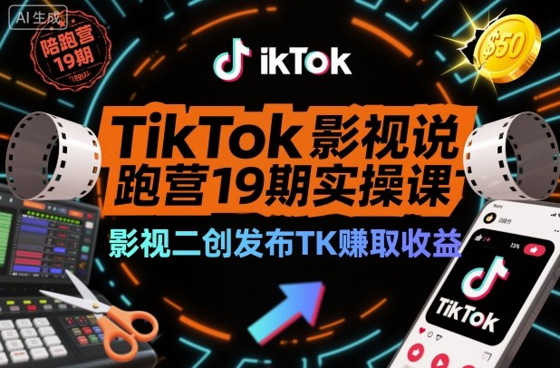 TikTok影视解说陪跑营19期实操课，影视二创发布TK賺取收益，万播收益50美金(更新)-创富资源云网创