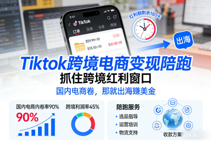 Tiktok跨境电商变现陪跑，抓住跨境红利窗口，国内电商卷，那就出海賺美金-创富资源云网创