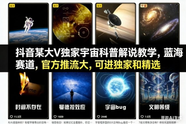 抖音某大V独家宇宙科普解说教学，蓝海赛道，官方推流大，可进独家和精选-创富资源云网创