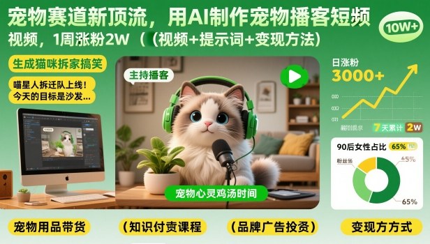 宠物赛道新顶流，用AI制作宠物播客短视频，1周涨粉2W(视频+提示词+变现方法)-创富资源云网创