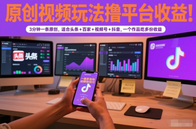 原创视频玩法撸平台收益，3分钟一条原创，适合头条+百家+视频号+抖音，一个作品吃多份收益-创富资源云网创