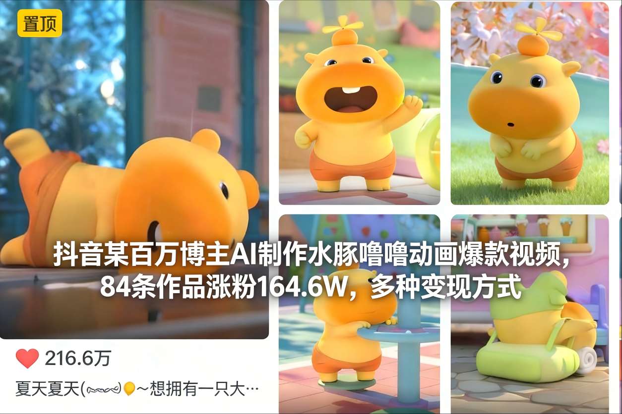 抖音某百万博主AI制作水豚噜噜动画爆款视频，84条作品涨粉164.6W，多种变现方式-创富资源云网创